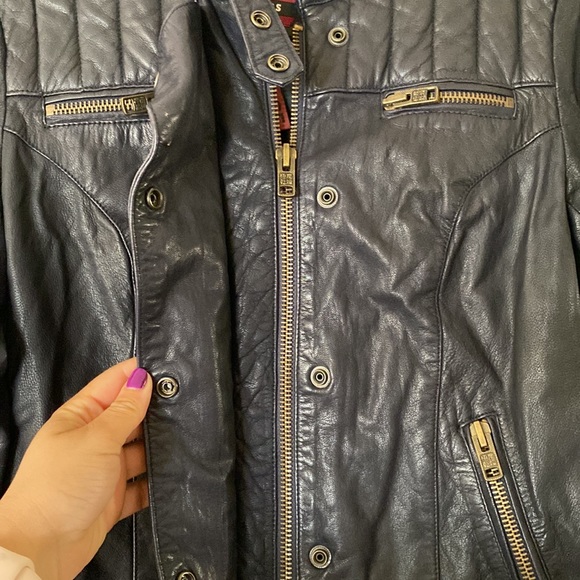 Superdry Women’s Large Navy Leather Jacket with zipper closure and button snaps - Picture 3 of 7